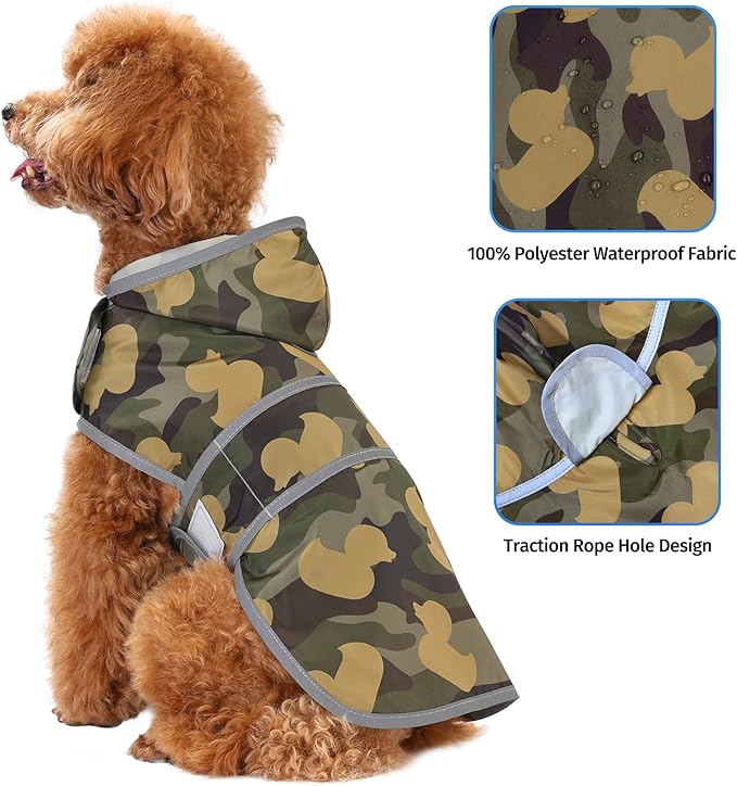 Dog Raincoat for Small Dogs Puppies Waterproof Hooded Rain Jacket with Reflective Strips Leash Hole & Poncho Adjustable Fit (CamoDuck,S)