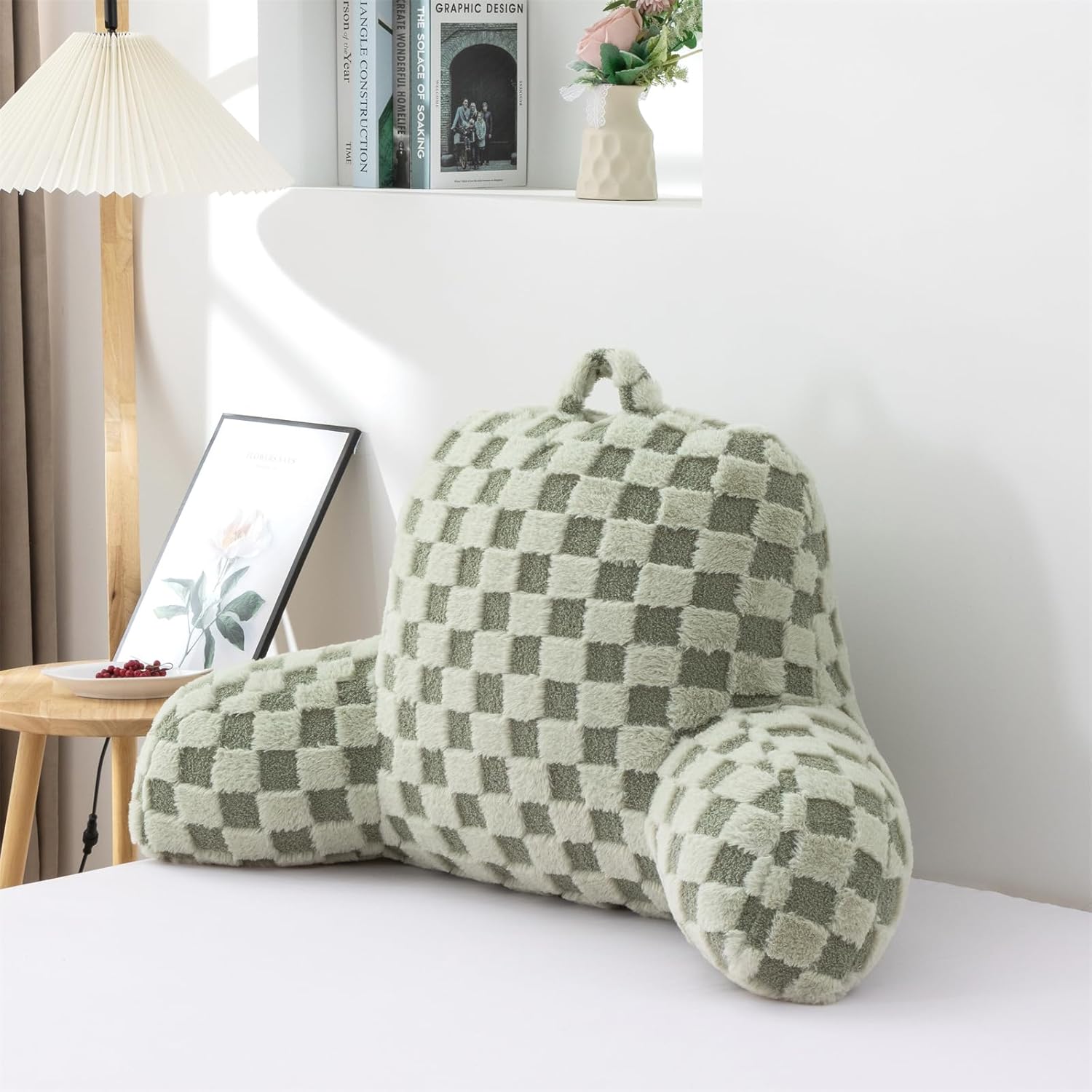 Aimuan Reading Pillow Checkered Bed Rest Wedge Backrest Checkerboard Pillow with Arms Back Support for Sitting Up in Bed Cushion Incline Rest Sleeping Snoring Pillow, Light Green Large