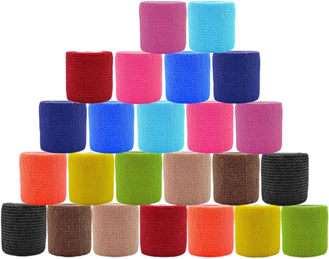 24 Pack Self Adhesive Bandage Wrap 2 Inch x 5 Yards Non-Woven Bandage,Vet Wrap Breathable Elastic Self-Adherent Tape for Stretch Athletic, Sports, Wrist, Ankle (Pets Too)(Mix)