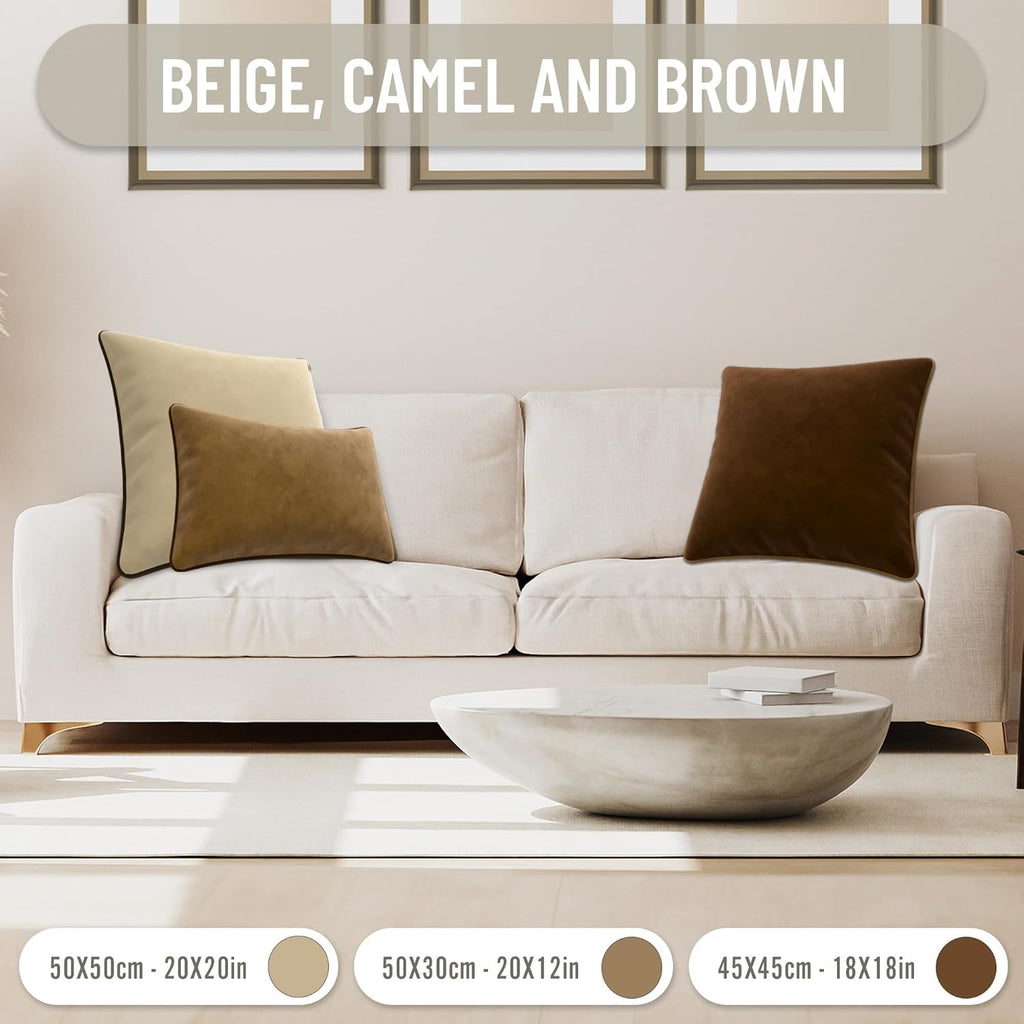 Set of 2 Decorative Throw Pillow Covers Cushion Cases. Soft Velvet. Contrast Pipping Edge. Filling Not Included. (18x18in, Camel/Beige)