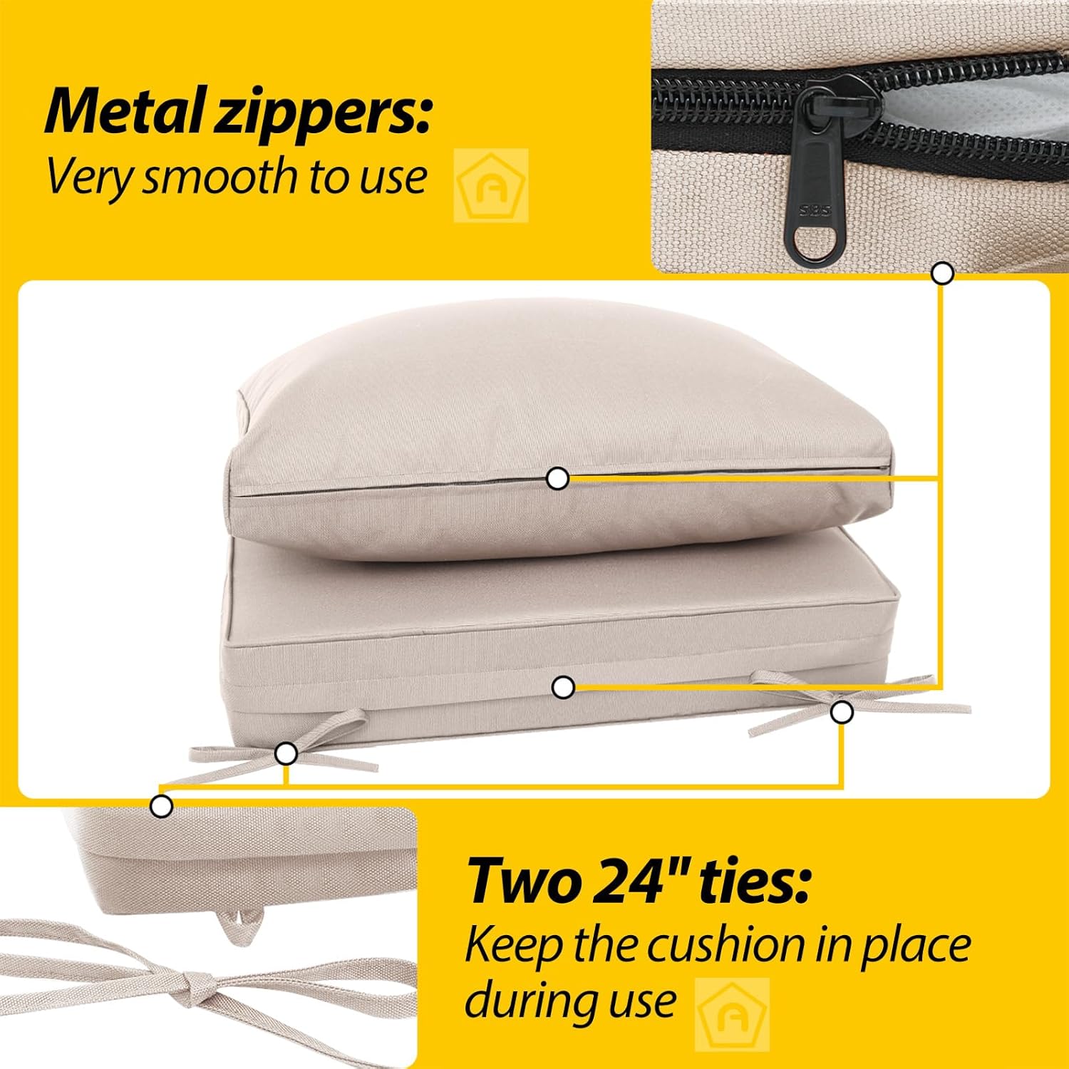 AAAAAcessories Outdoor Deep Seat Cushions, Waterproof, Fade-Resistant Patio Furniture Replacement Cushions, 25.5" x 25.5" x 5" + 25.5" x 13.5", Khaki Beige