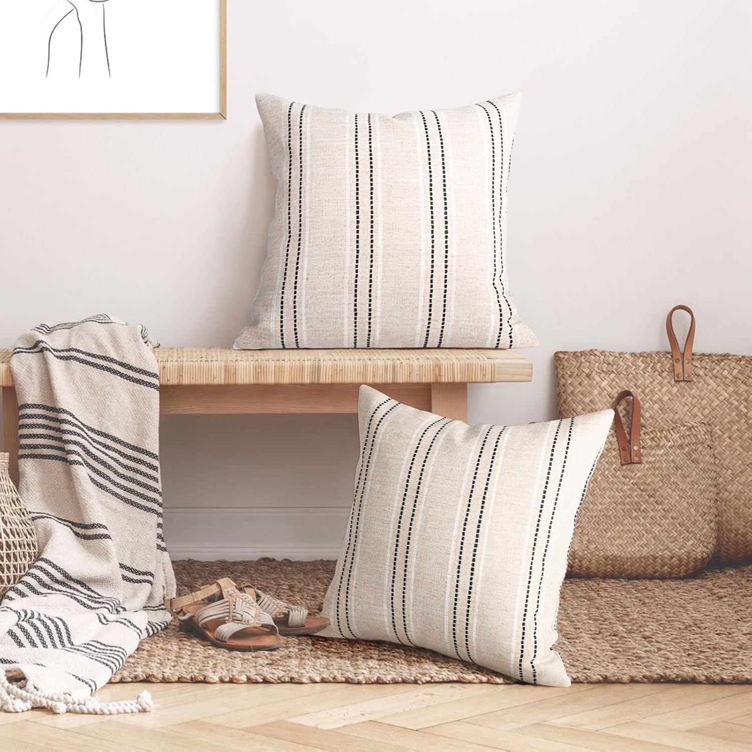 AELS 22x22 Decorative Farmhouse Linen Throw Pillow Covers, Boho Textured Pillow Case, Set of 2, Beige with White & Black Stitch Yarn Dyed Stripe Cushion Cover for Sofa Couch Living Room (Cover ONLY)
