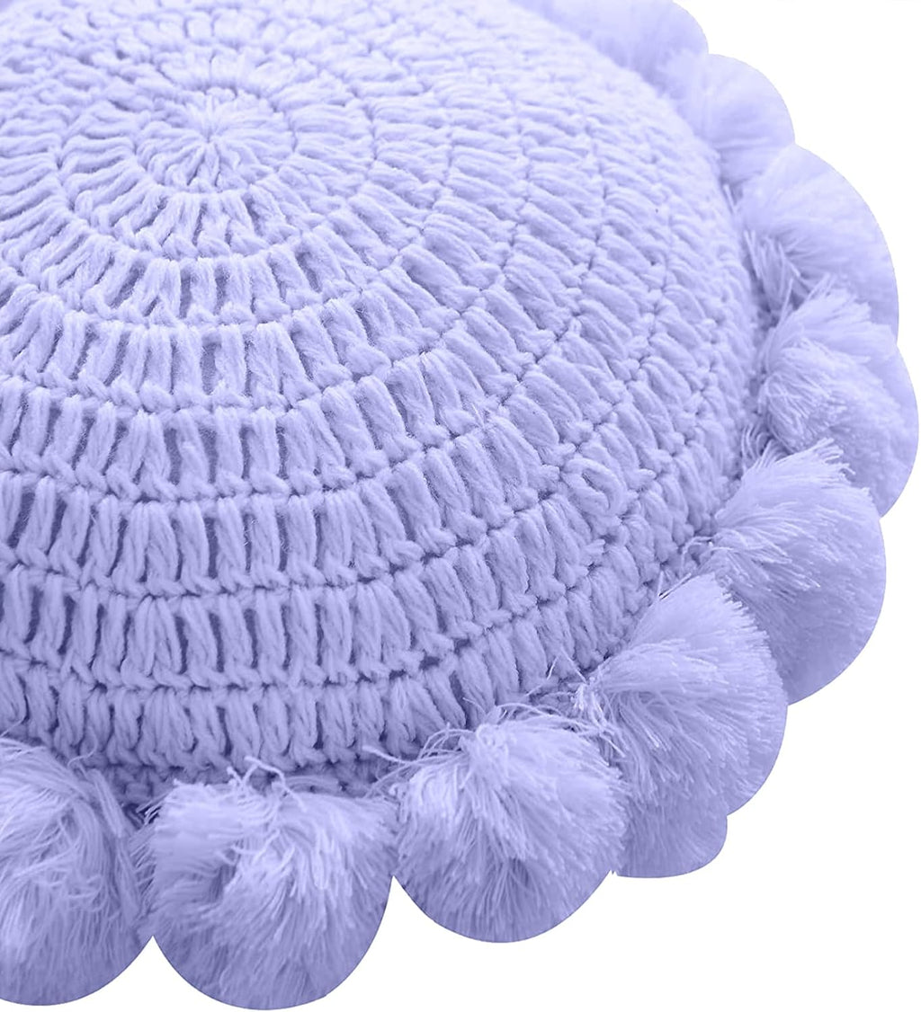 Boho Round Throw Pillow with Cute Handmade Pom Poms Tassels 18 Inch, Decorative Circular Knitted Crochet Cushion for Couch, Sofa, Chair, Bed, Purple