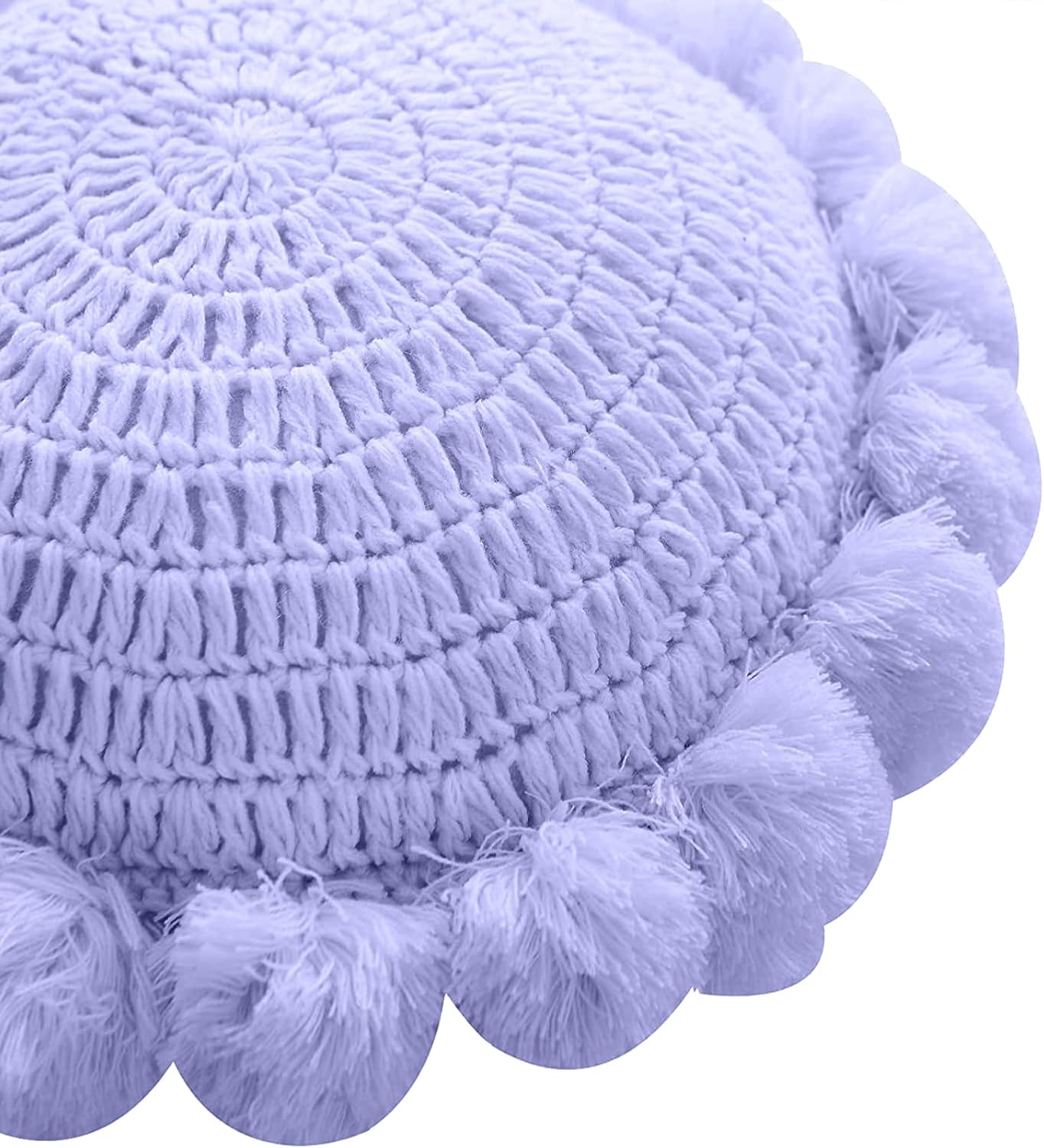 Boho Round Throw Pillow with Cute Handmade Pom Poms Tassels 18 Inch, Decorative Circular Knitted Crochet Cushion for Couch, Sofa, Chair, Bed, Purple