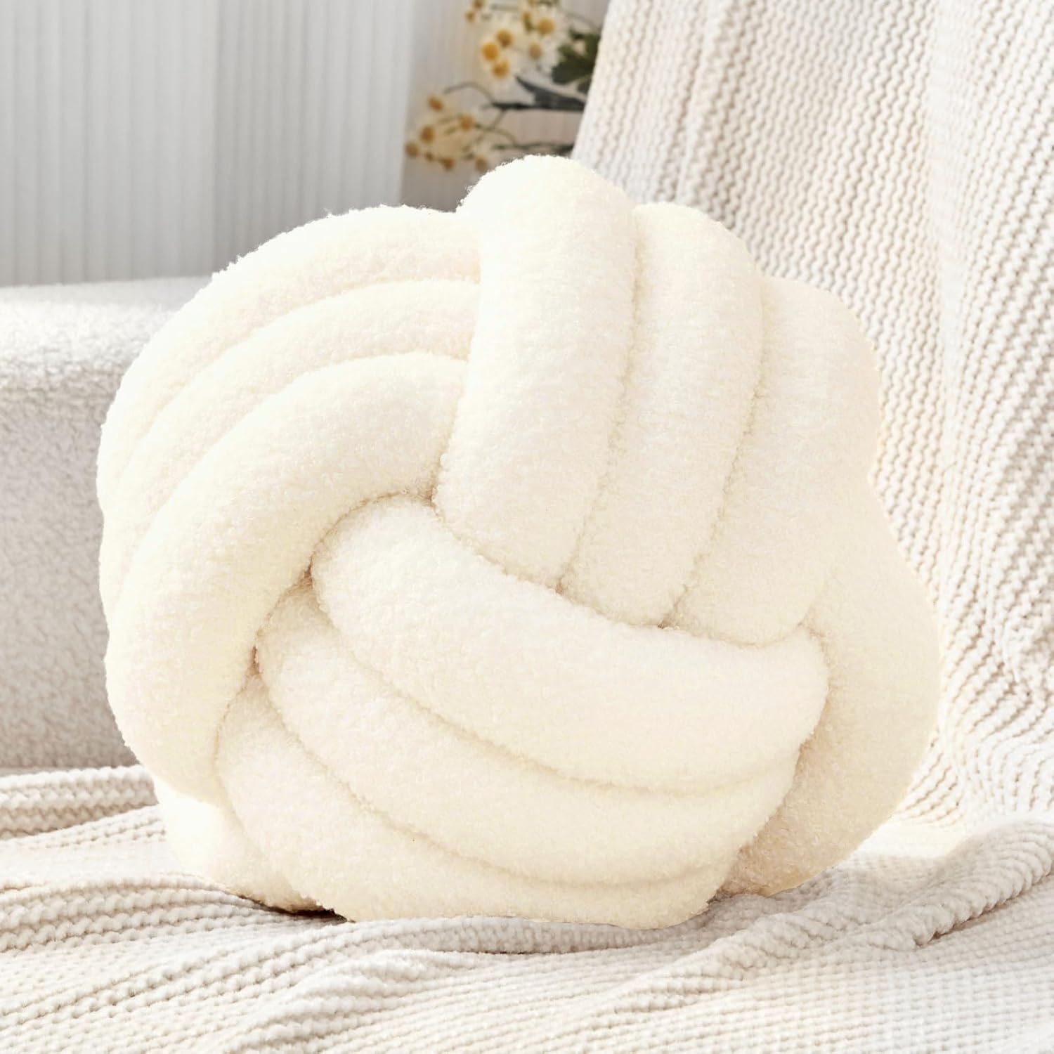 Petrella Knot Pillow Ball Round Throw Pillows Home Decor Cushion Decorative Aesthetic Throw Pillows，Lambswool White 13inch