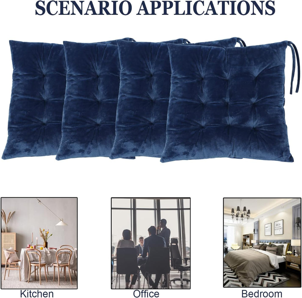 Set of 4 Square Chair Pads Indoor Seat Cushions Pillows with Ties Soft Comfortable Non Slip Chair Mat for Kitchen Dining Office Desk Living Room Outdoor Tatami 15.5" - Blue