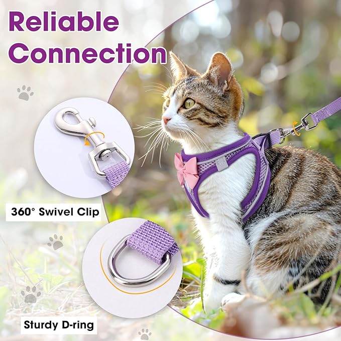 Cat Harness and Leash Set for Walking Escape Proof, Adjustable Kitten Harness Breathable Mesh with Reflective Strips Harness for Kitty Puppy Bunny Purple,Large