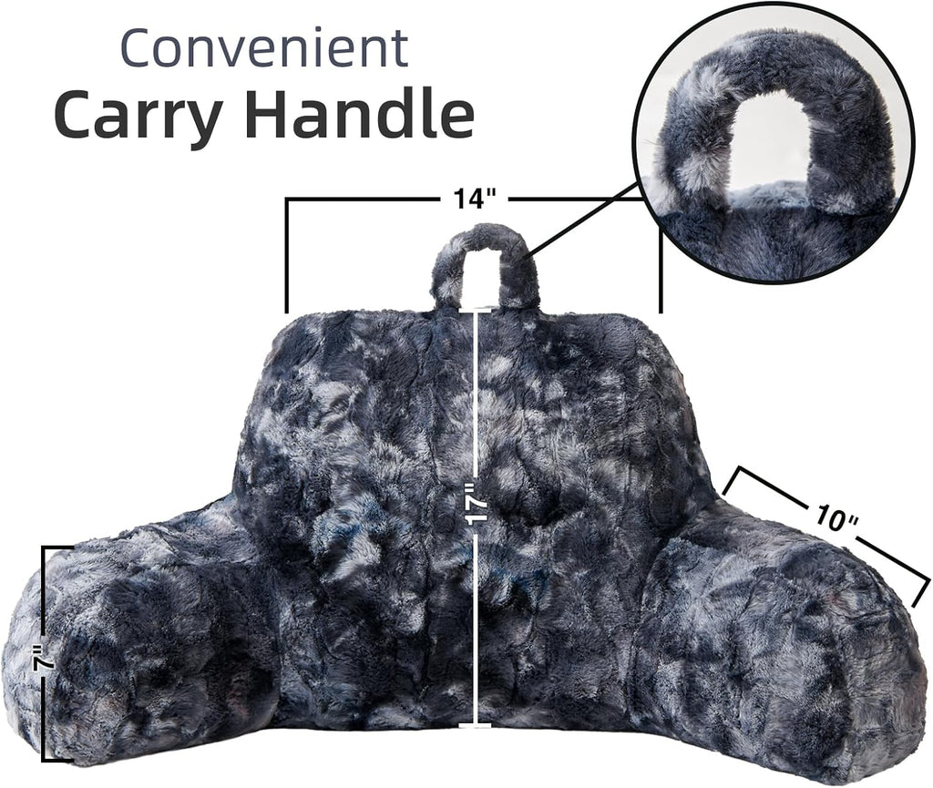A Nice Night Faux Fur Reading Pillow Bed Wedge Large Adult Children Backrest with Arms Back Support for Sitting Up in Bed/Couch for Bedrest,Tie Dyed Gray