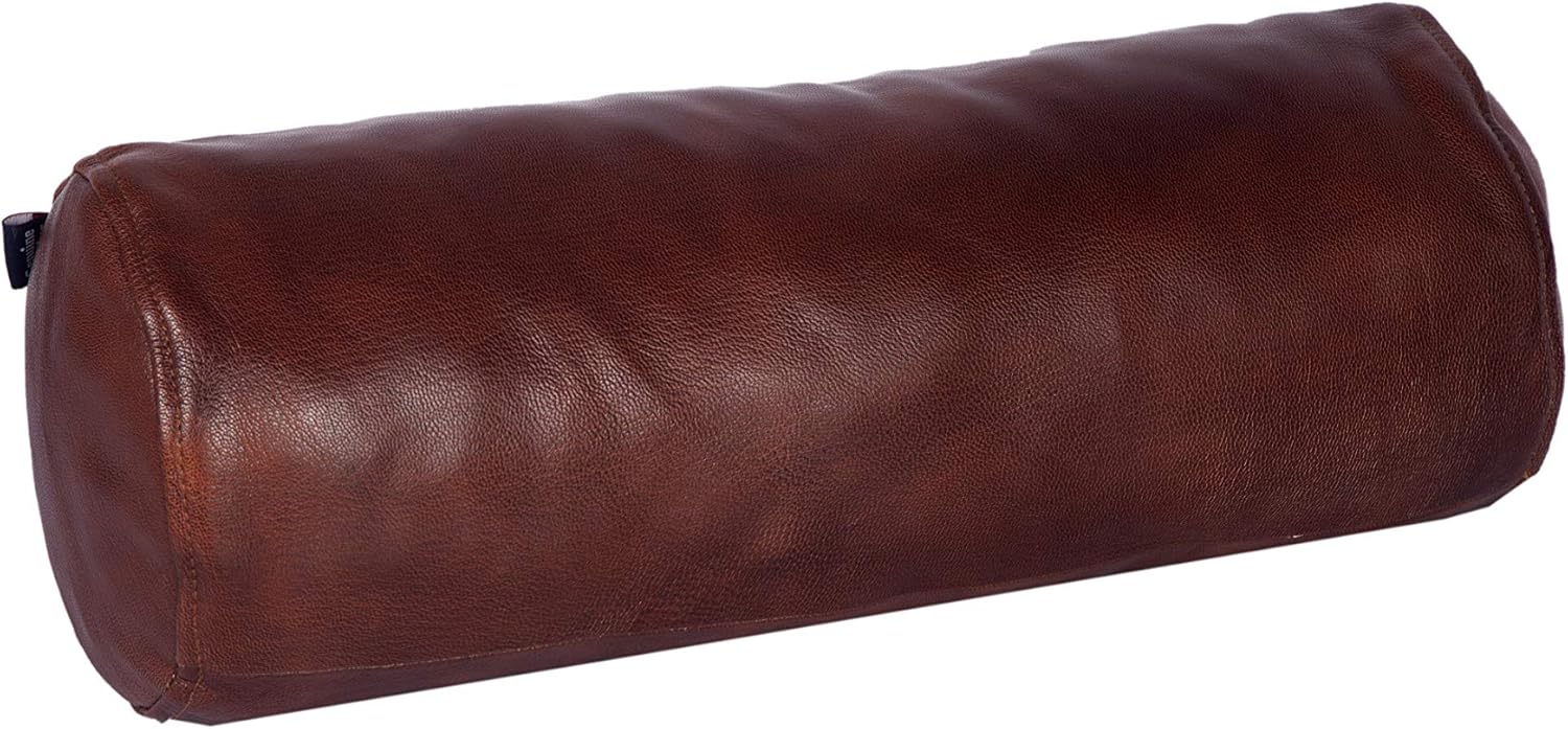Neck Roll Pillow Cushion Cover, 22x6 Inch Full Moon Round Bolster Pillow Case, Cylinder Soft Lambskin Leather Pillowcase for Head, Spine & Neck Support During Sleep - Tan Pack of 2