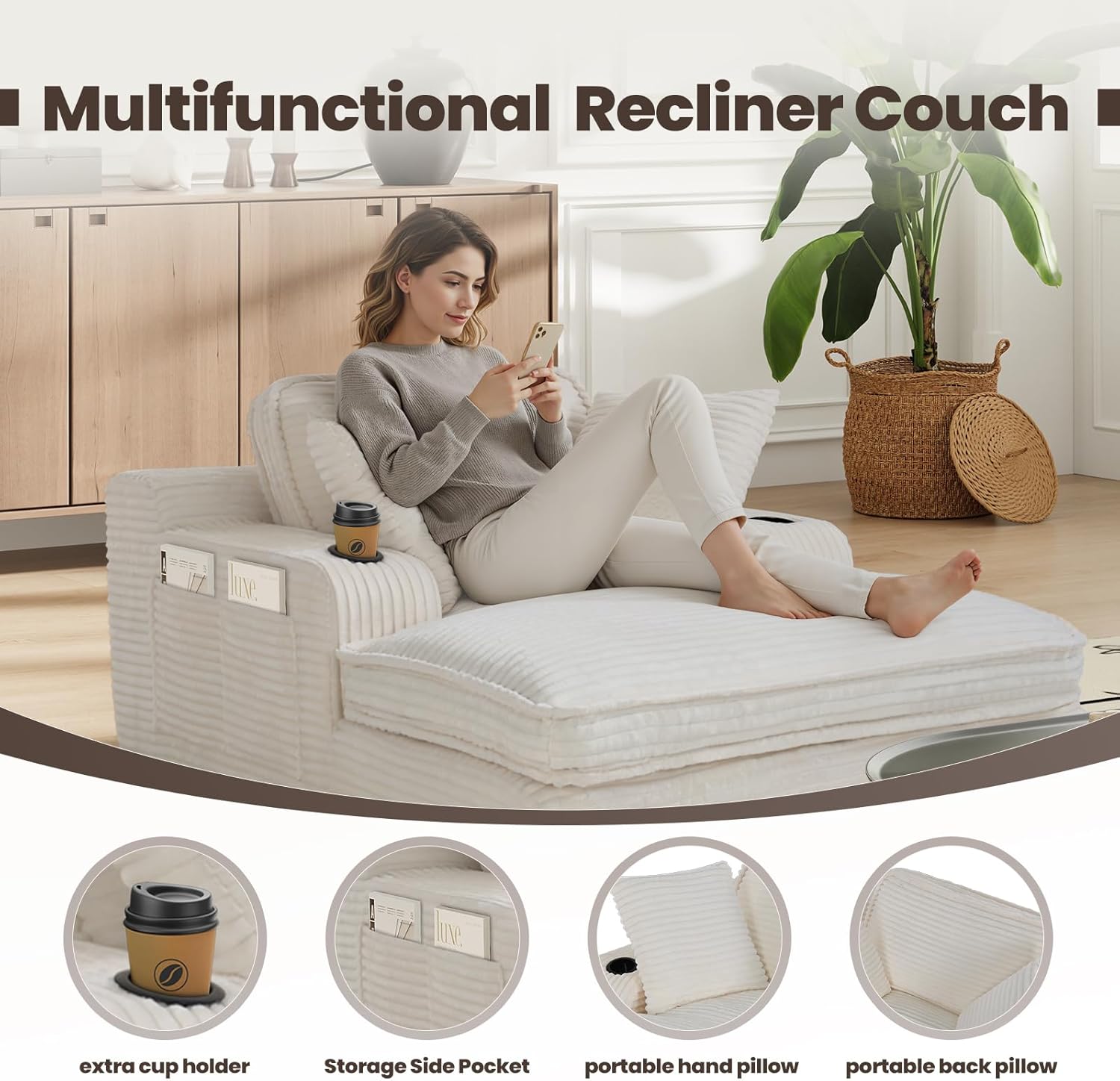 67" Chaise Lounge Chair Indoor, Cozy Oversized Fluffy Sofa with Cup Holders & Throw Pillows, Boneless Sleeper Cloud Couch for Living Room, Movie Room and Apartments, Beige