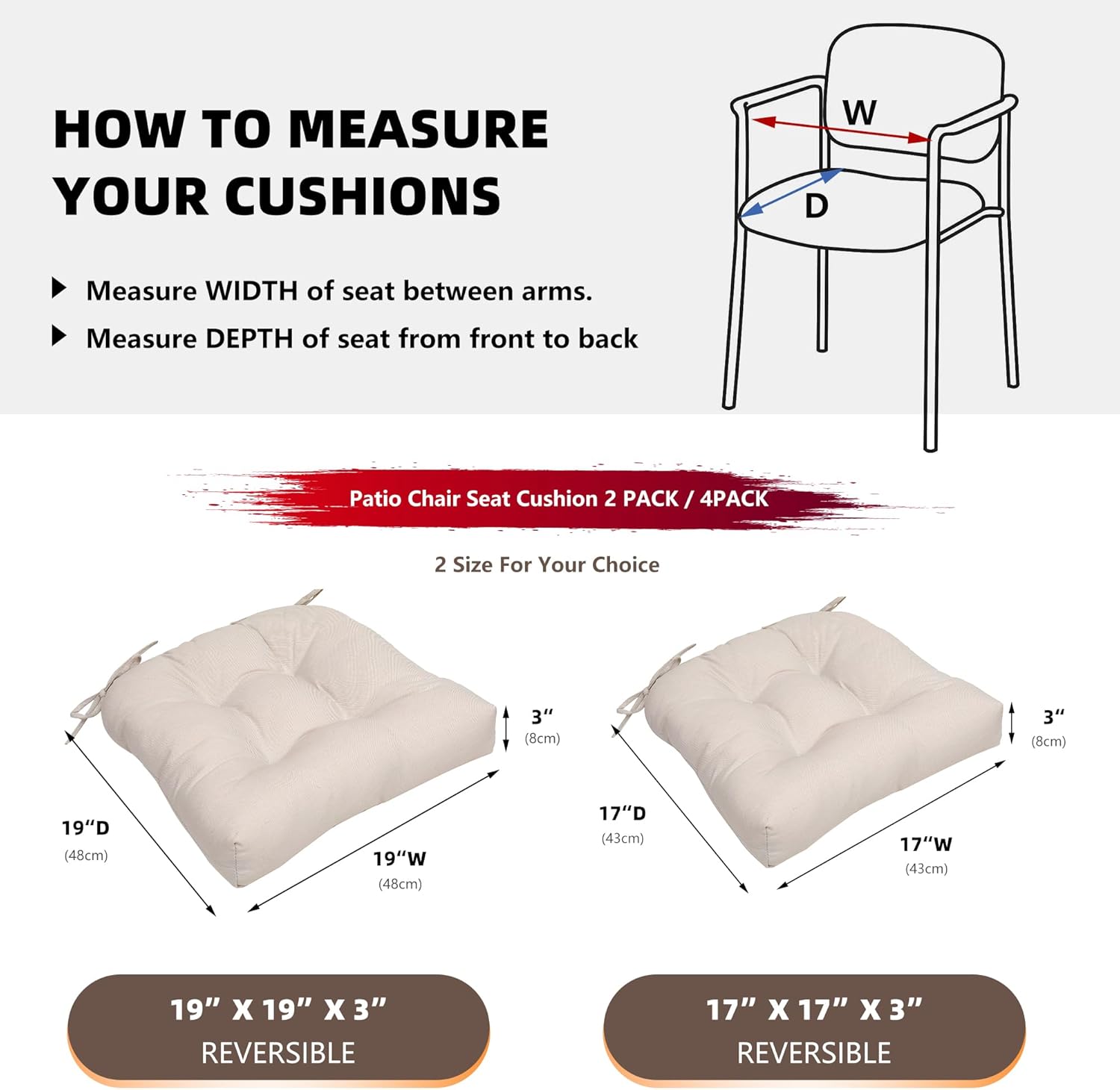RACE LEAF Chair Cushions 19" x 19" Patio Chair Seat Pads, Set of 2 Thick Fill Tufted Square Patio Cushions, Water-Resistant with Ties for Non-Slip Support, Beige