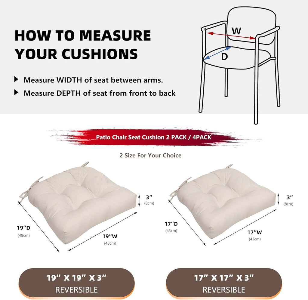 RACE LEAF Patio Chair Cushions 17x17 Inch 4 Pack, Thickened Outdoor Seat Cushions Water Resistant with Non-Slip Ties & Stain Resistant Tufted Design (Beige)