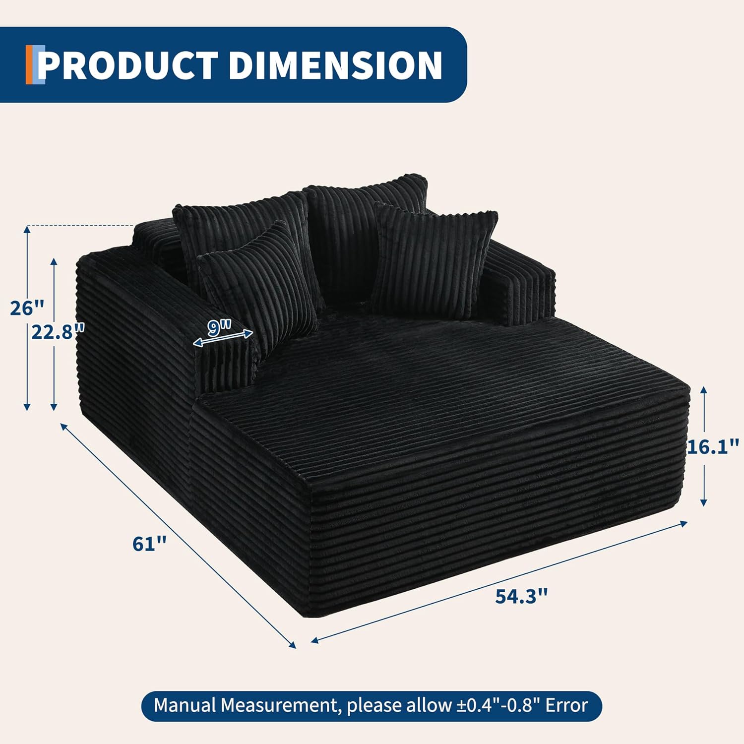 61" Oversized Chaise Lounge Chair Indoor, Boneless Couch Cloud Fluffy Chaise Lounges Corduroy Upholstered Sofa Bed w/Throw Pillows for Living Room Home Black