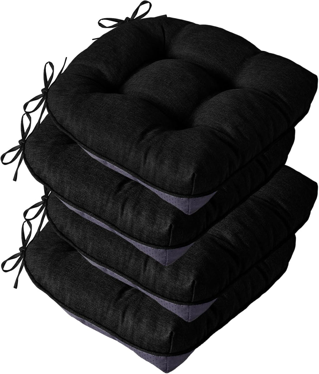 Chair Cushions for Dining Chairs, Seat Cushions for Kitchen Chairs, Indoor Seat Cushions with Ties, Tufted Foam Chair Pads, Non Slip Chair Cushions Set of 4, 15.5" x 15.5" x 4", Black