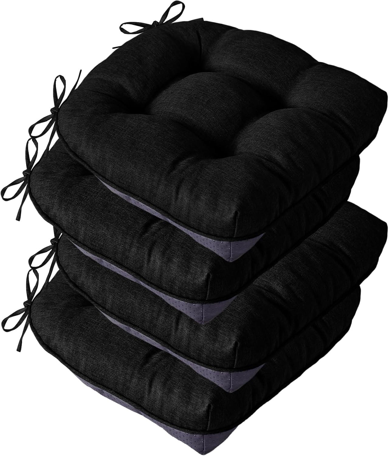 Chair Cushions for Dining Chairs, Seat Cushions for Kitchen Chairs, Indoor Seat Cushions with Ties, Tufted Foam Chair Pads, Non Slip Chair Cushions Set of 4, 15.5" x 15.5" x 4", Black