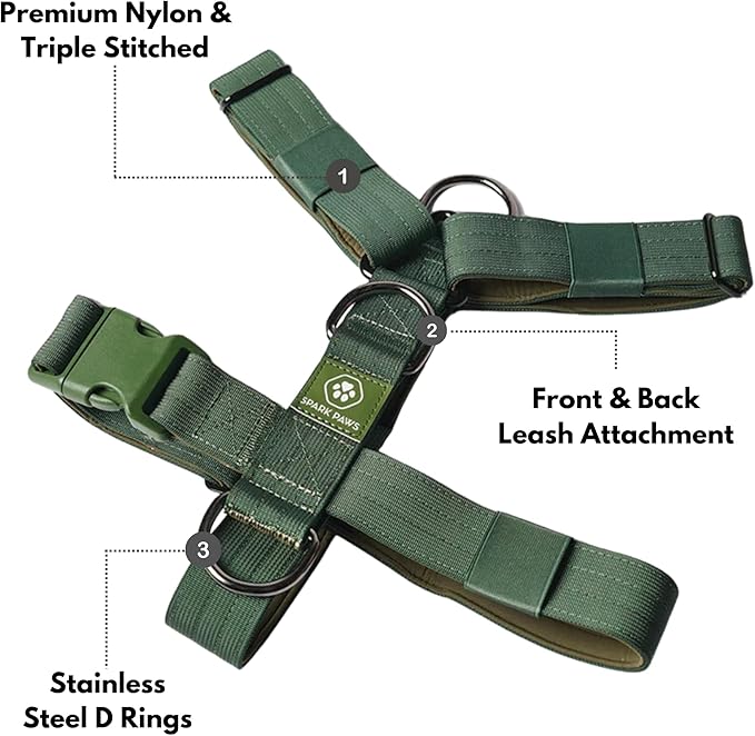 Spark Paws No Pull Dog Harness for Large Dogs, Heavy Duty Dog Harness for Big Strong Breeds, Adjustable, Y Shaped Padded Halter Design with Front Clip - Solid Green – M