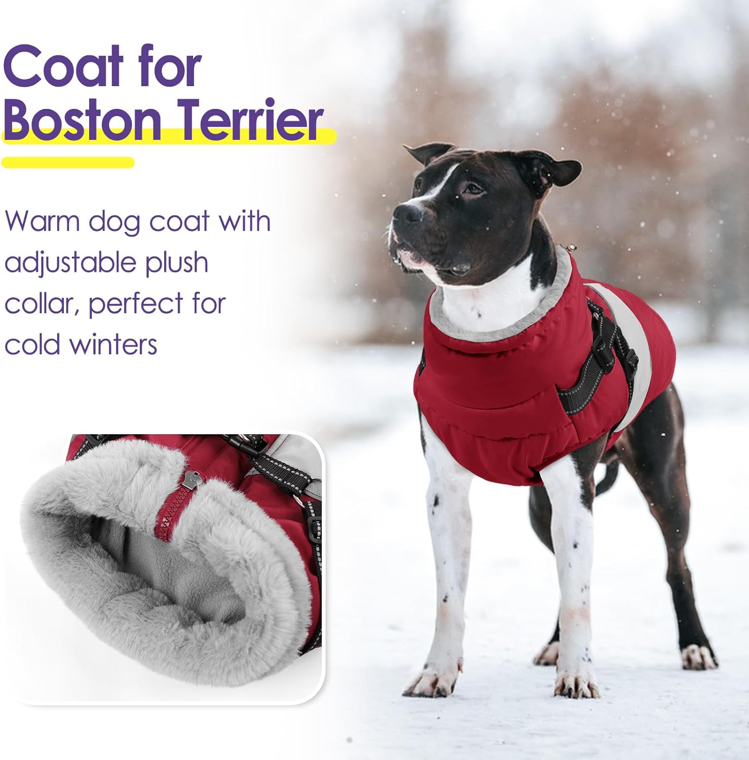 SUNFURA Dog Winter Coat, Waterproof Dog Coat Jacket with Harness for Medium Dogs Boys Girls, Reflective Fleece Lined Pet Snow Jacket Sweaters for Pug, Jack Russel, Boston Terrier, Burgundy M