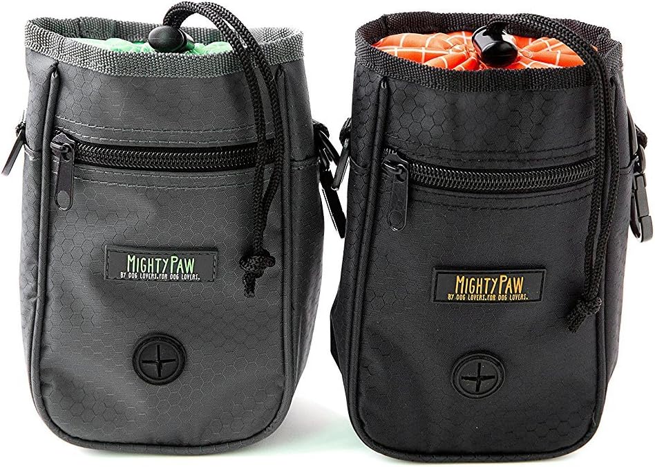 Mighty Paw Dog Treat Bag - Drawstring Closure Pouch - Includes Carabiner Hook and Pick-up Bags - Dog Paw Treat Bag - Pet Training Pouch - (Grey/Green)