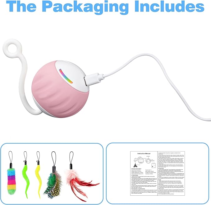 Cat Toys Interactive for Indoor Cats, Touch & Sound Smart Control - Fast Slow 2 Speed Motion Activated Cat Ball Toy for Bored Cats with LED Lights, Feathers Tail, USB Charging Cable, 6in1
