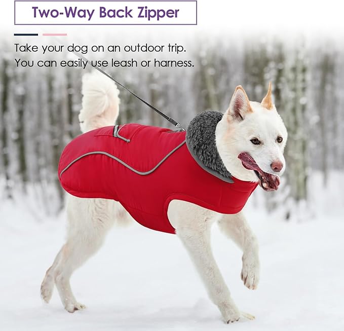 SUNFURA Dog Coat, XXXL Dog Winter Jacket, Reflective Fleece Snow Coat with Furry Collar, Waterproof Pet Puffer Jacket for Great Dane Extra Large Dogs, Red 3XL