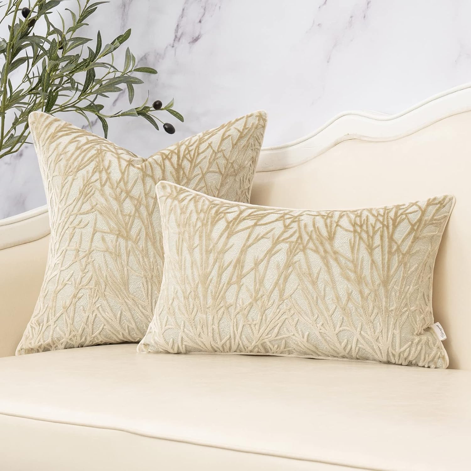 Yangest Beige Twigs Greenish Throw Pillow Cover Branches Velvet Cushion Case Neutral Pillowcase for Sofa Couch Bedroom Living Room Home Decor,20x20 Inch