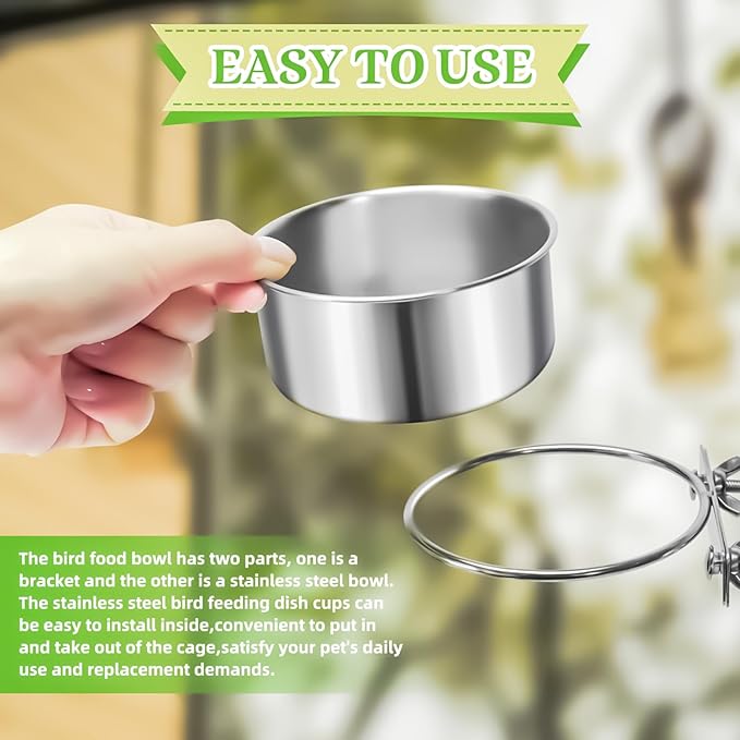 MotBach 2 Pack Bird Feeding Bowls Cups Parrot Food Water Dishes, Stainless Steel Bird Bowl Cup Dish with Clamp, Birdcage Feeder Pet Cage Bowls for Parrot Cockatiel Budgie Conure Parakeet Small Animal