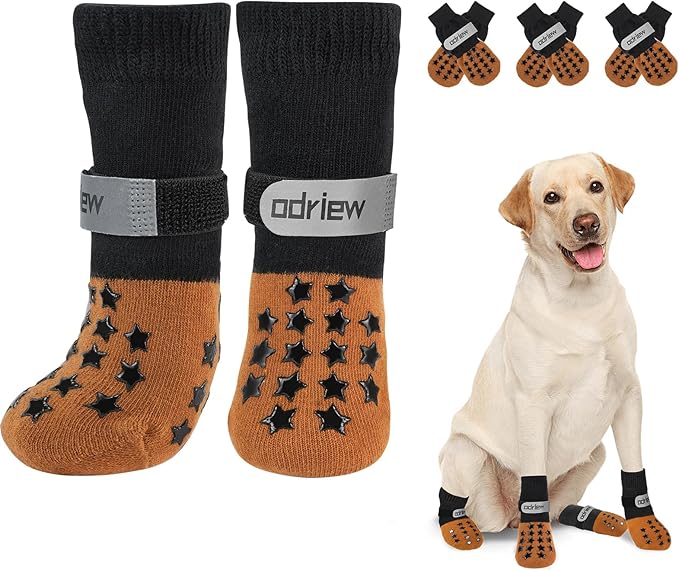 Non Slip Dog Socks to Prevent Licking Paws - Dog Booties for Hardwood Floors Anti Slip - Grippy Socks for Senior Dog - Double Side Paw Protector Prevent Scratching for Hot Pavement. (Khaki, L)