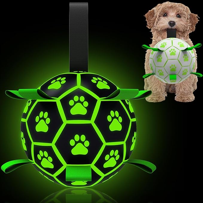 QDAN Premium Glow in The Dark Dog Toys, Dog Ball with Straps, Soccer Ball for Dogs, Outdoor Dog Toys, Pet Birthday Toys, Puppy Essentials for Small to Medium (6Inch)
