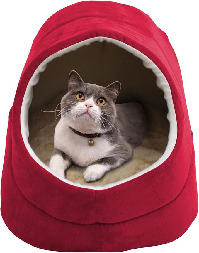 4 in 1 Self Warming Burrow Cat Bed, Pet Hideway Sleeping Cuddle Cave (Burgundy-2)
