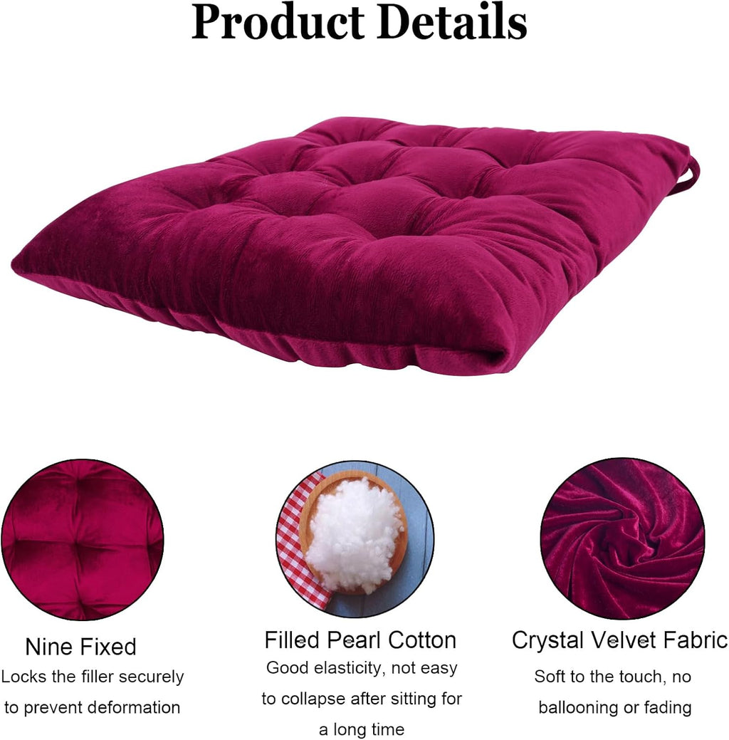 2 Pack Square Seat Cushion Chair Pads for Kitchen Dining Chairs, Soft Comfort Velvet Chair Mat Pillow Cushions with Ties for Office Desk Living Room Tatami 15.5", Burgundy