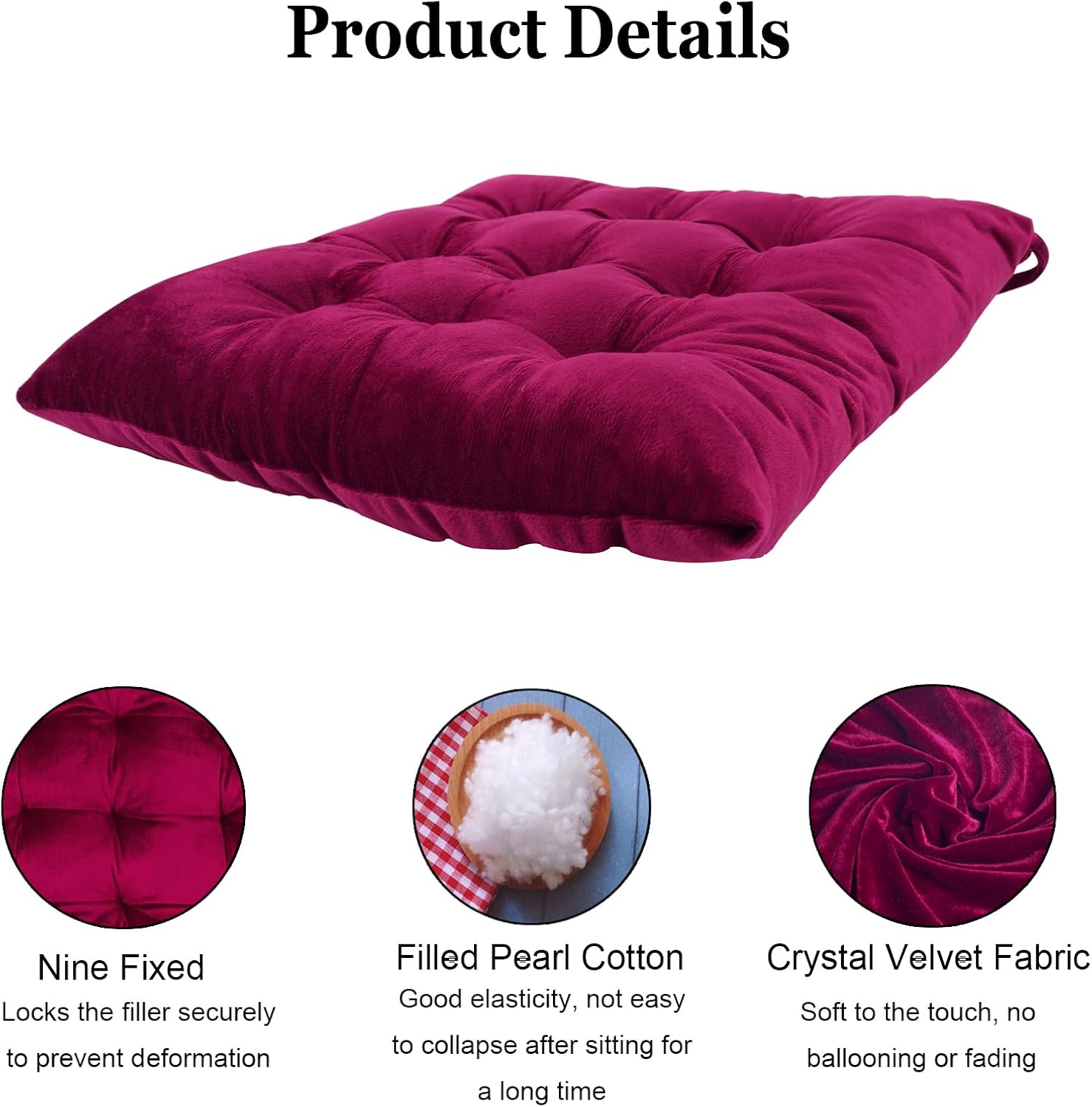 2 Pack Square Seat Cushion Chair Pads for Kitchen Dining Chairs, Soft Comfort Velvet Chair Mat Pillow Cushions with Ties for Office Desk Living Room Tatami 15.5", Burgundy