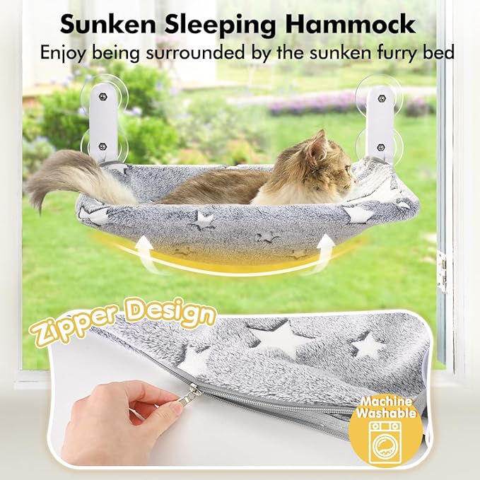 2PC Cat Window Perch, Glow in The Dark Cordless Foldable Pet Hammock Bed for Window with Sturdy Metal Frame, Glowing Stars Pattern Resting Seat for Indoor Cats (2PC Stars - M)