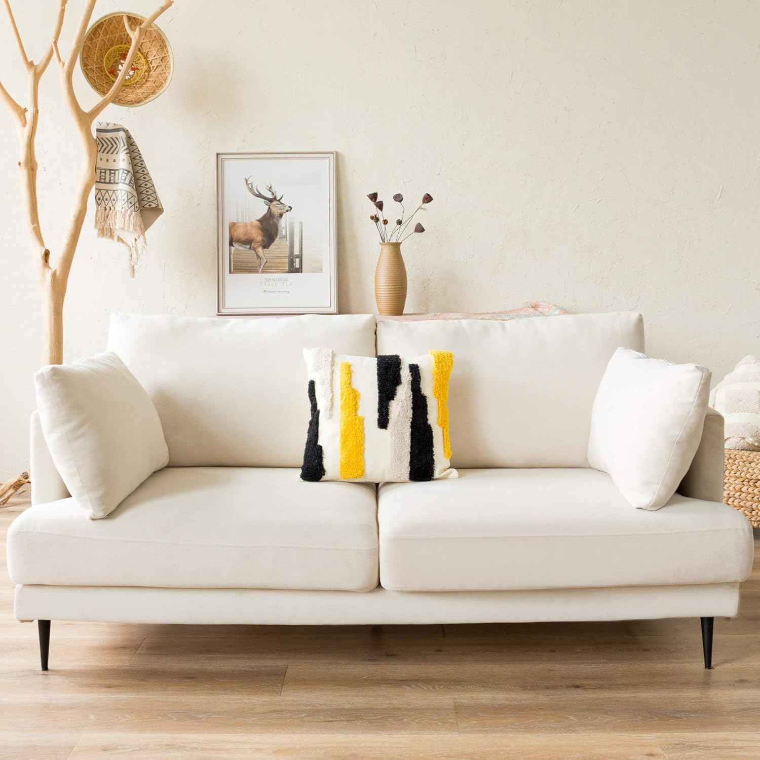 Woven Tufted Boho Throw Pillow Cover, Modern Decorative Geometric Irregular Black Ivory Yellow Striped Lines Cushion, Farmhouse Tribal Pillowcases for Couch Sofa Bedroom Living Room, 18 x 18 Inches