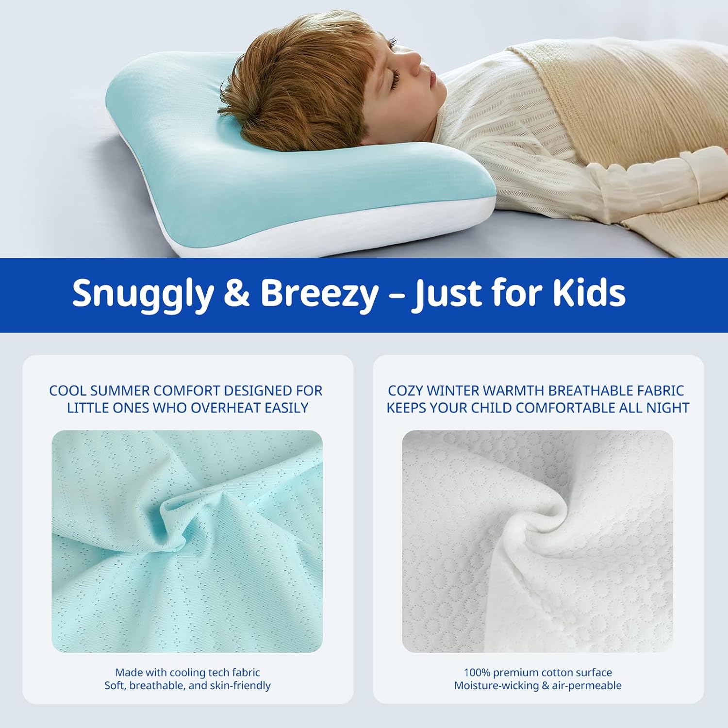 Toddler Pillow with Pillowcase, Breathable & Cozy Machine Washable Kids Pillow with Pillowcase, 21.6x13.8 Ergonomic Children Pillow for Boys and Girls Aged 6-12 (Blue, Height 3)