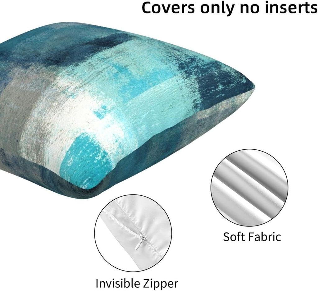 bassyil Teal Grey Abstract Art Painting Throw Pillow Covers Decorative Linen Pillow Cases Set of 2 Square Cushion Cover for Couch Sofa Bedroom 18x18 Inch