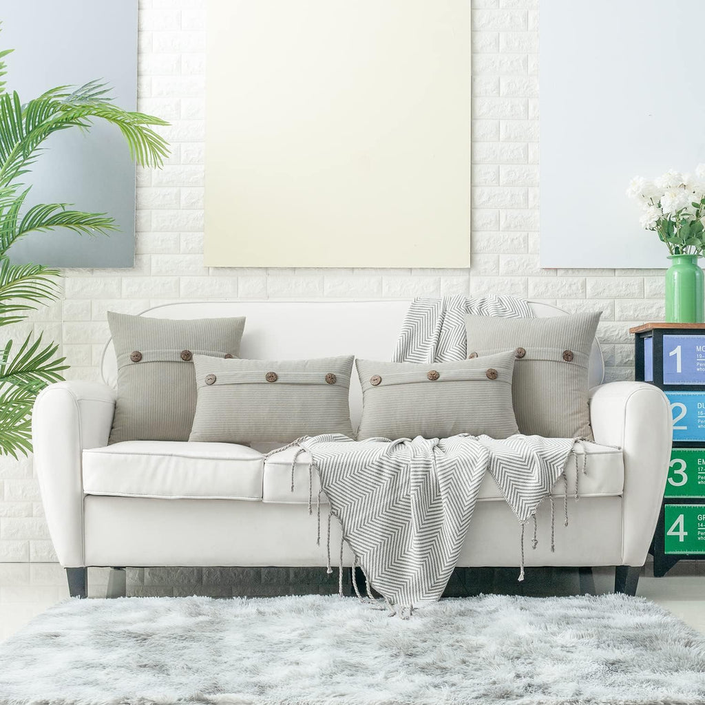 HWY 50 Light Grey Gray Chenille Throw Pillow Covers 16x16 Inch with Triple Buttons, Soft Farmhouse Accent Decorative Cushion Cases for Couch Sofa Bed Living Room Pack of 2