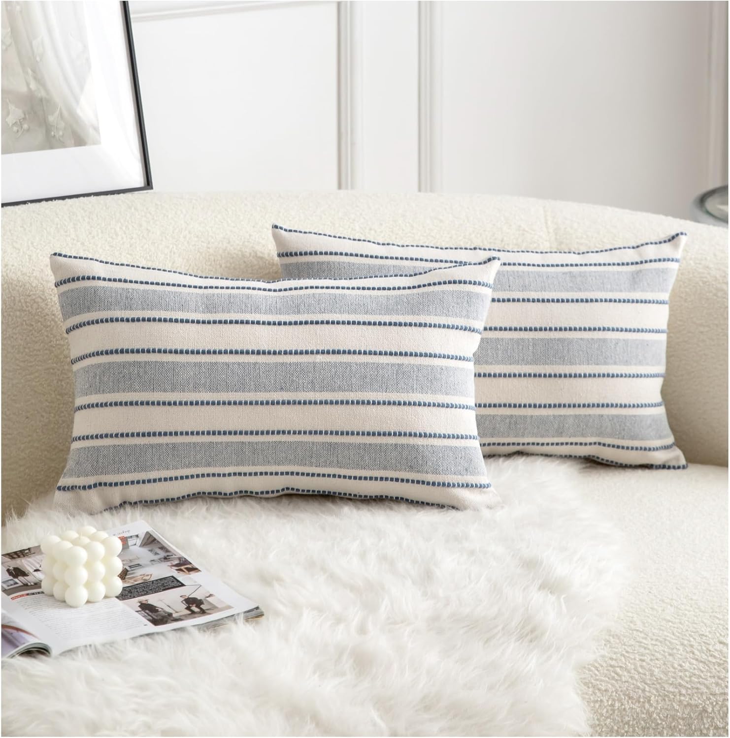 Decorative Boho Lumbar Throw Pillow Covers, Farmhouse Textured Pillow Case, 12 x 20 Inch Set of 2, Chair Sofa Bedroom Living Room Home Decor Couch Cushion Case, Classic Blue and Beige