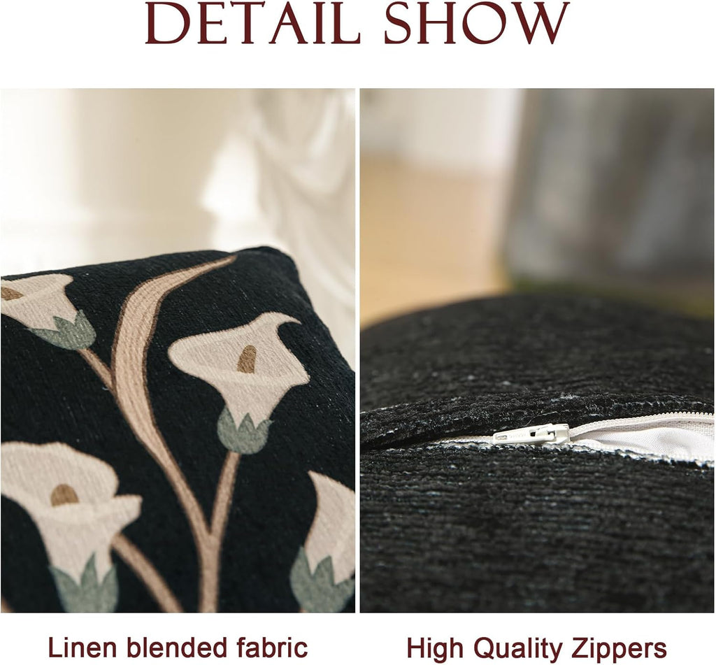 Black Throw Pillow Covers,Elegant Floral White Calla Lily Pattern Linen Pillowcases,Decorative Square Pillow Covers Cushion Covers for Couch Bed Sofa Chair 18x18 Inches