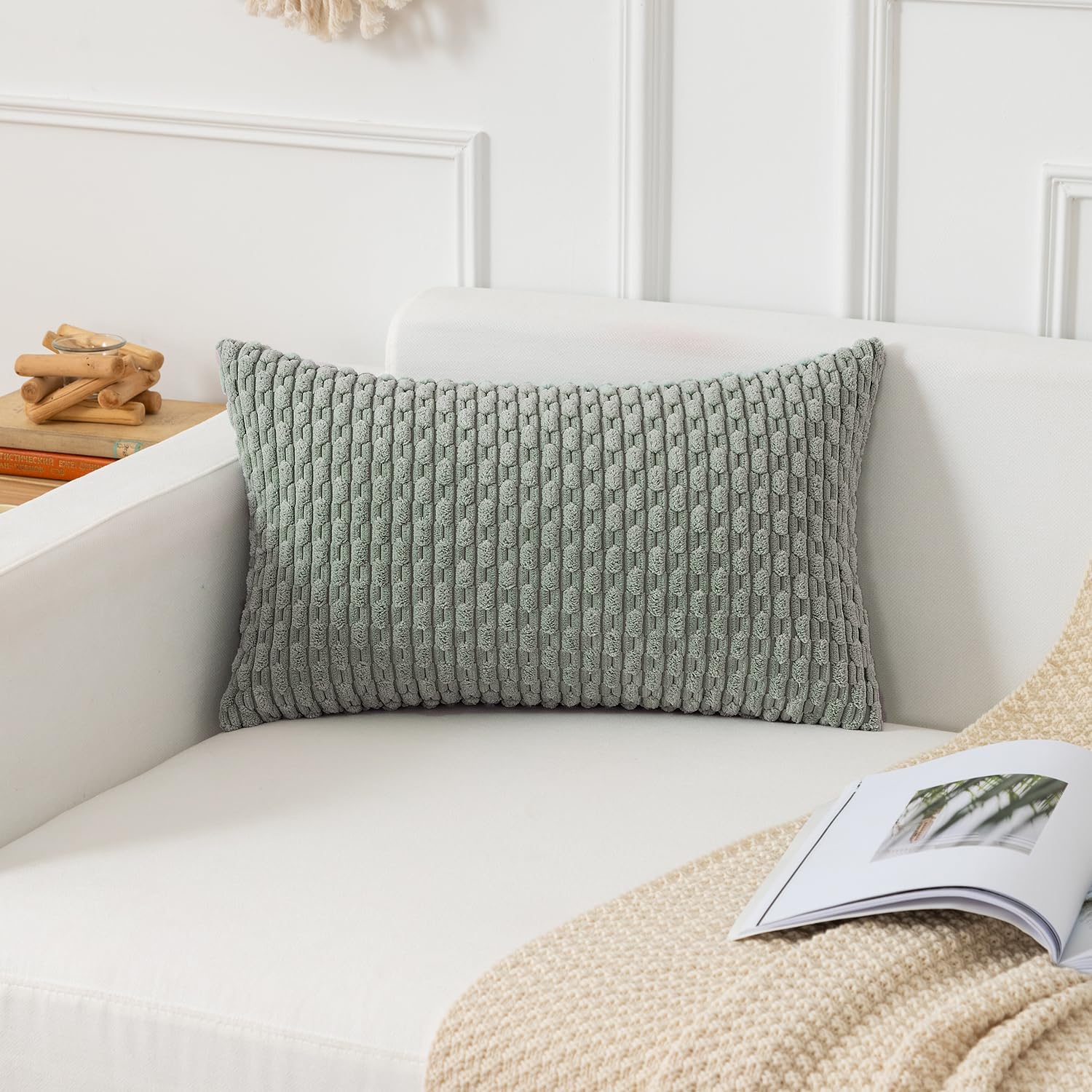 Kevin Textile 14x24 Inch Pillow Cover 1 Pack Boho Decorative Soft Striped Corduroy Lumbar Farmhouse Color Accent Rectangle Cushion Case for Living Room Couch Sofa Bed, Greyish Green