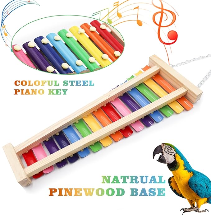 Dnoifne Large Colorful Bird Xylophone Toy, Suspensible Funny Xylophone Toy with 15 Metal Keys, Cage Accessories for Chicken Chick Birds Parrots Parakeets Cockatiels Budgies Love Birds
