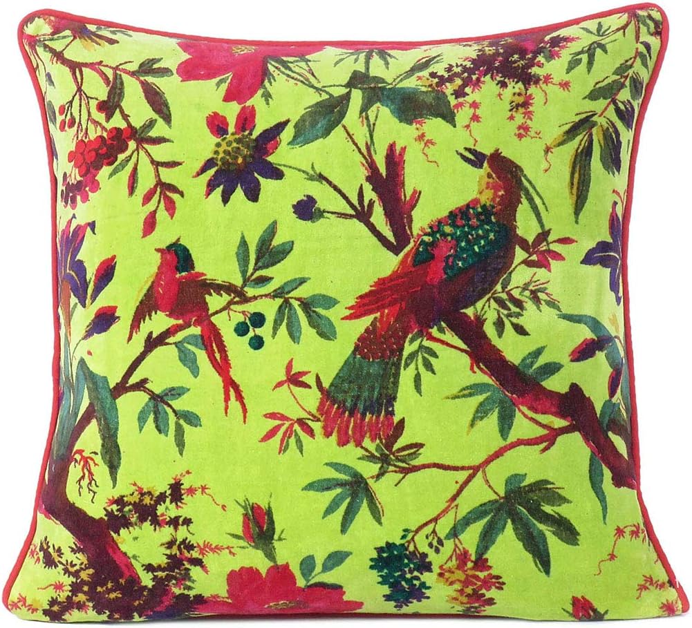 Eyes of India Velvet Floral Flower Bird Throw Pillow Sofa Cushion Cover Case Couch Colorful Boho Chic Bohemian Accent Indian Handmade (Light Green, 16" x 16")