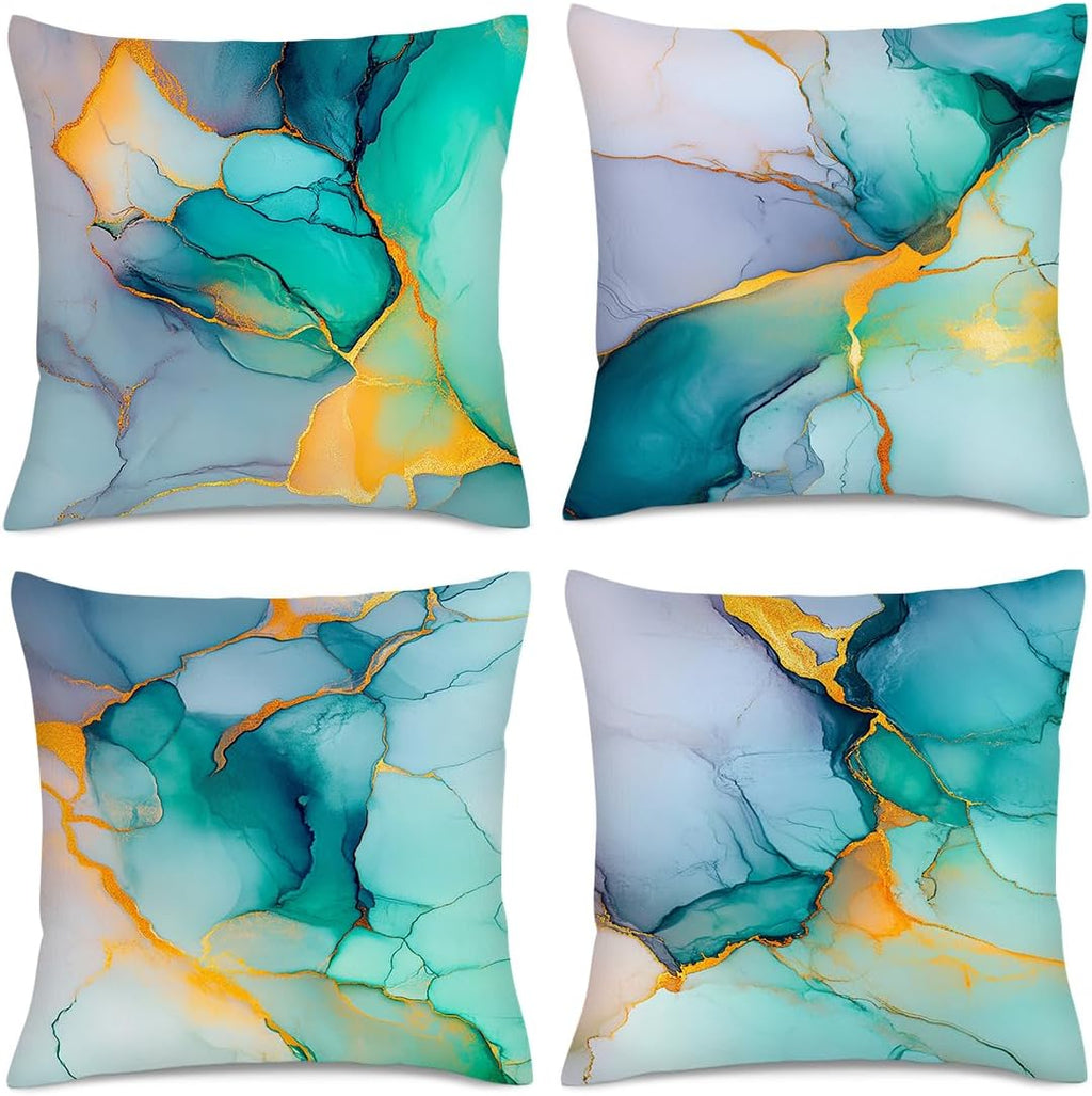 Marble Texture Turquoise Decorative Throw Pillow Covers Teal Gold Pillow Cases for Couch Sofa Chair Livingroom Bedroom Set of 4 18x18 Inch Abstract Modern Cushion Cover