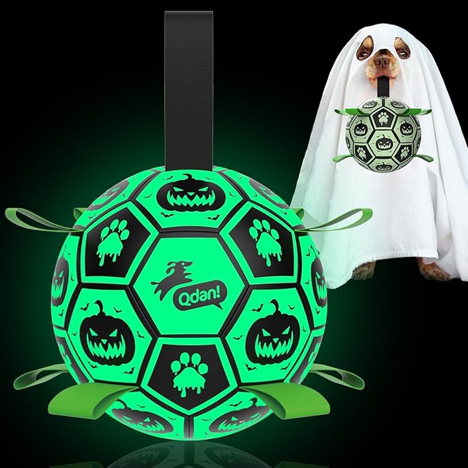 QDAN Glow in The Dark Halloween Dog Toys, Dog Ball with Straps, Soccer Ball for Dogs, Outdoor Dog Toys, Dog Birthday Gifts, Halloween Pet Toys for Medium to Large (8Inch)