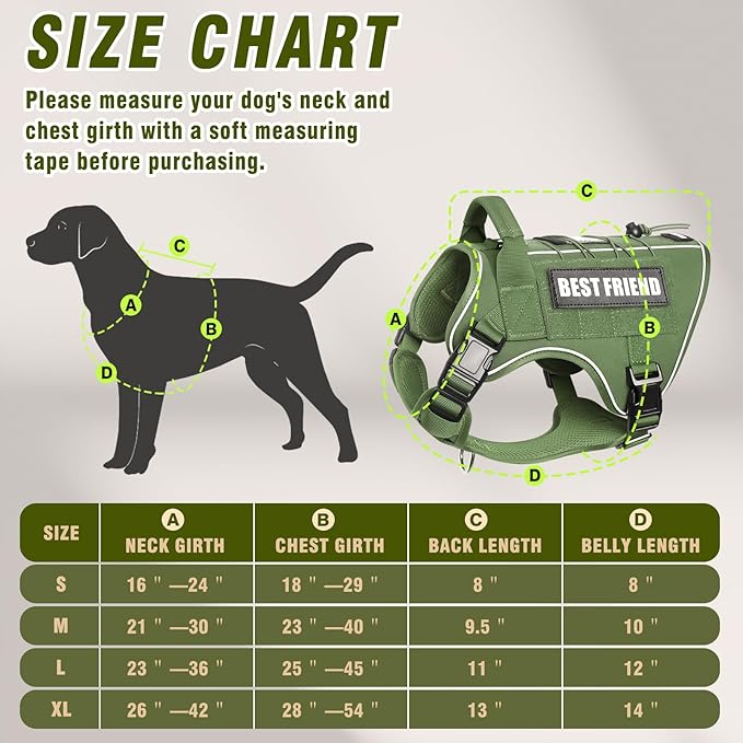 Tactical Dog Harness for Large Dogs,No Pull Military Dog Vest with Handle,Reflective Heavy Duty Pet Harness for Walking Hiking Training Green L