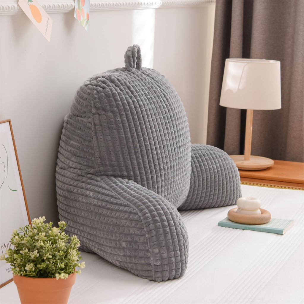 Holawakaka Reading Pillow for Bed and Sofa Couch Sitting Up, Backrest Pillows with Arms for Kids Teens Adults, Back Support Cushion for Lounging, Watching TV, Working on Laptop, Grey