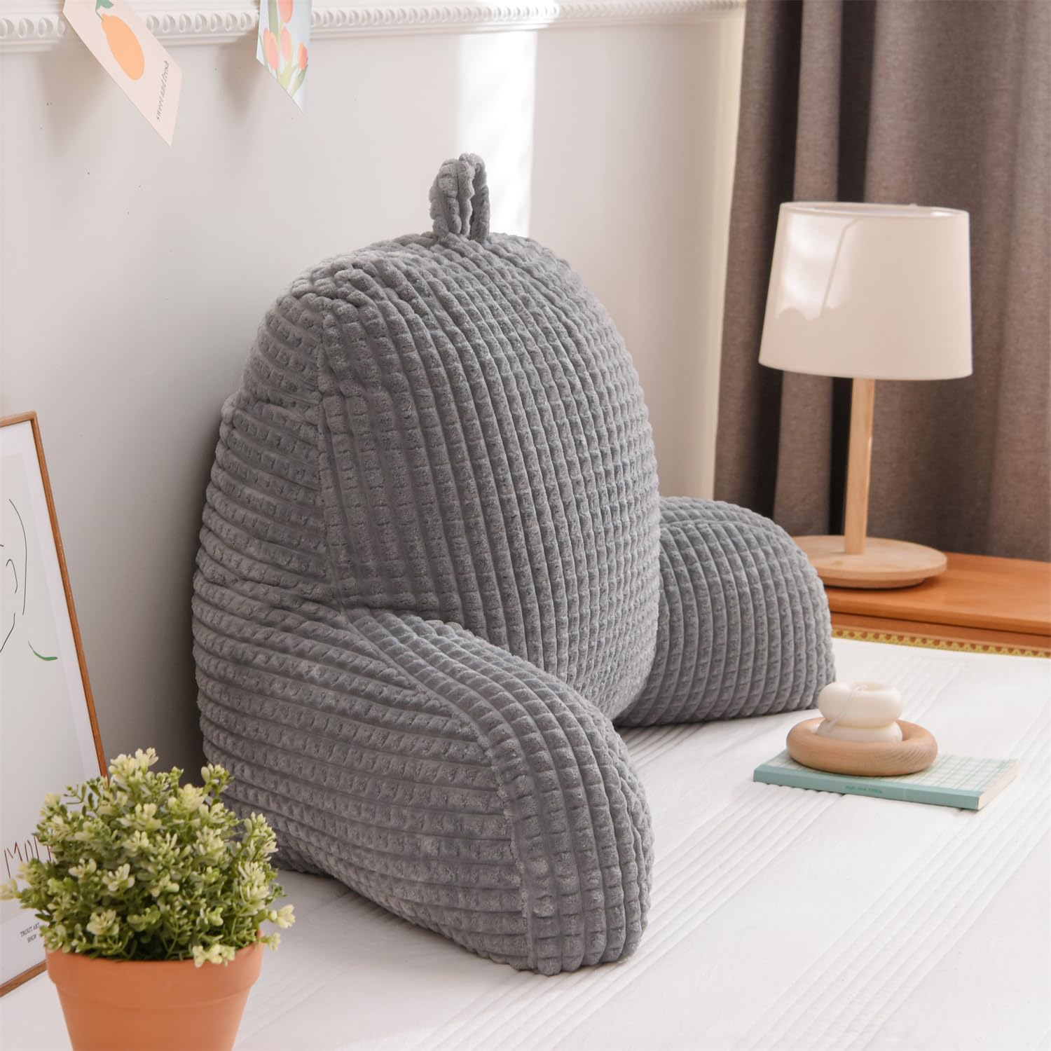 Holawakaka Reading Pillow for Bed and Sofa Couch Sitting Up, Backrest Pillows with Arms for Kids Teens Adults, Back Support Cushion for Lounging, Watching TV, Working on Laptop, Grey