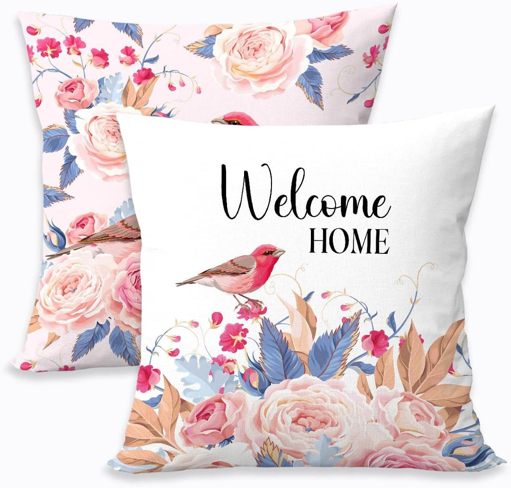 2 Pcs Pink Rose Bird Decorative Throw Pillow Cover, Vintage Natural Flower Bouquet Art Design Square Pillowcases for Couch Sofa Bed Bedroom Apartment Dorm Living Room Office Home Decor