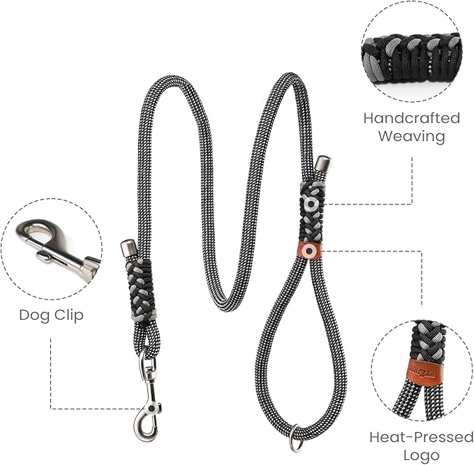 Heavy Duty Dog Leash- 6 FT Handmade Rope with Rotating Metal Clip, No Pull Training Slip Lead Comfortable for The Strong Large Medium Pets (Heavy Duty Dog Leash (Black), 6 FT Dog Leash)