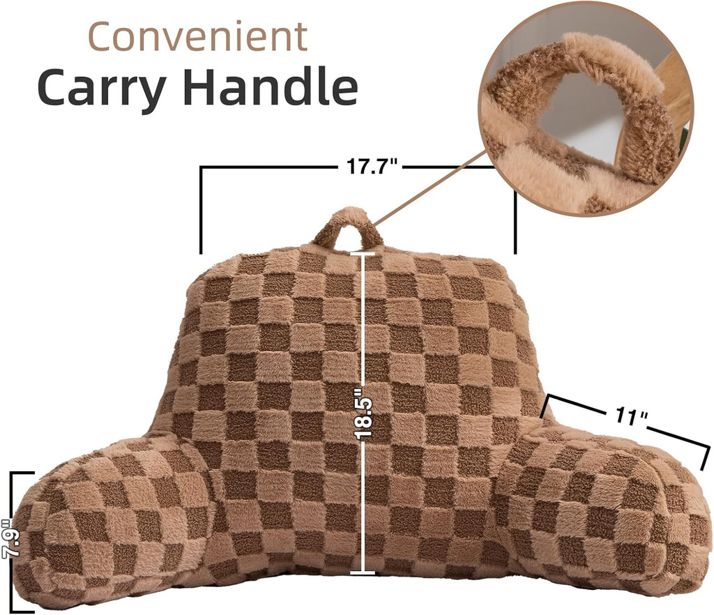 A Nice Night Faux Fur Reading Pillow,Checkered Fluffy Grid Plaid,Bed Wedge Pillow Large Adult Children Backrest with Arms for Bedrest,Brown