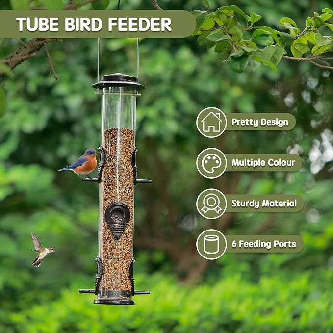 MIXXIDEA Metal Wild Bird Feeders, Squirrel Proof, Hanging 6 Port Tube Transparent Finch Feeders for Attracting Birds in Your Lawn, Garden, Balcony Coffee